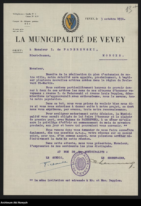 Obraz 15 z jednostki "Municiapalité de Vevey; Załączniki: a) zaproszenia; b) wycinek prasowy; c) 2 fotografie Bulwaru I. J. Paderewskiego; L.19 (odpowiedzi - rękopisy)"