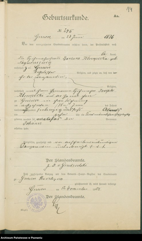 Obraz 16 z jednostki "[Dokumenty dostarczone przez narzeczonych do zawarcia związku małżeńskiego za 1901 rok. Tom XIX]"