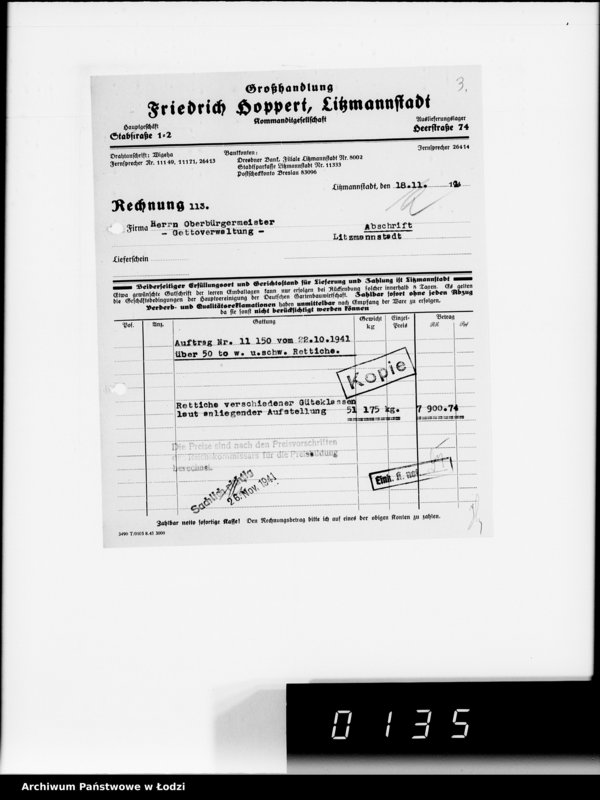Obraz 7 z jednostki "Aufträge [Lieferscheinen und Rechnungen] 11100-11150 Lebensmitteleinkauf 5/Mü [Zapotrzebowania, zlecenia, rachunki, dowody dostawy na art.spoż.dla Getta]"
