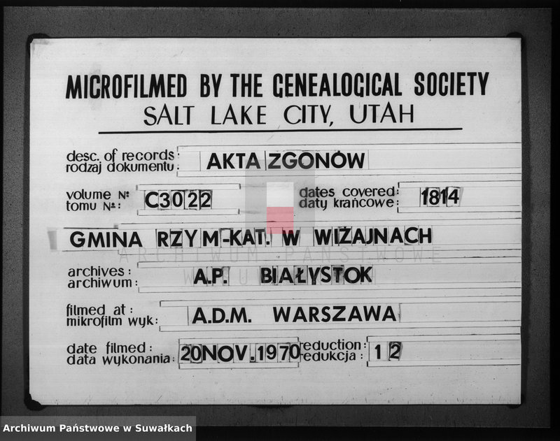 image.from.unit.number "Księga do zapisywania aktów cywilnych zejścia gminy wiżayńskiey, departamentu łomżyńskiego, powiatu kalwaryjskiego na rok 1814"