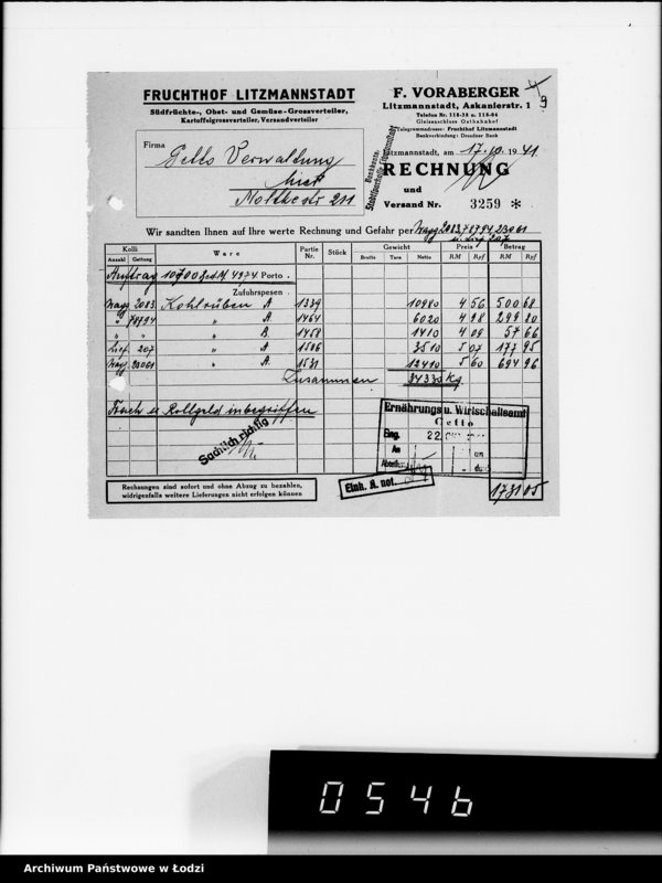 Obraz 13 z jednostki "Aufträge 5734-10700 [Faktury, listy przewozowe na dostarczone dla Getta produkty żywnościowe, materiały opałowe, przemysłowe]"