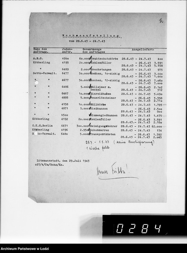 Obraz 6 z jednostki "Wochenberichte der Abteilungen.[Zestawienia zamówień i dostaw]"