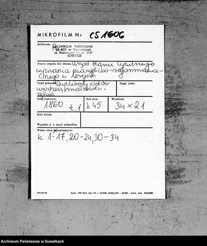 image.from.unit.number "Duplikat aktów Stanu Cywilnego urodzeń, małżeństw i zejść Parafii Ewangelicko-Reformowanej Serejskiej na rok 1860"