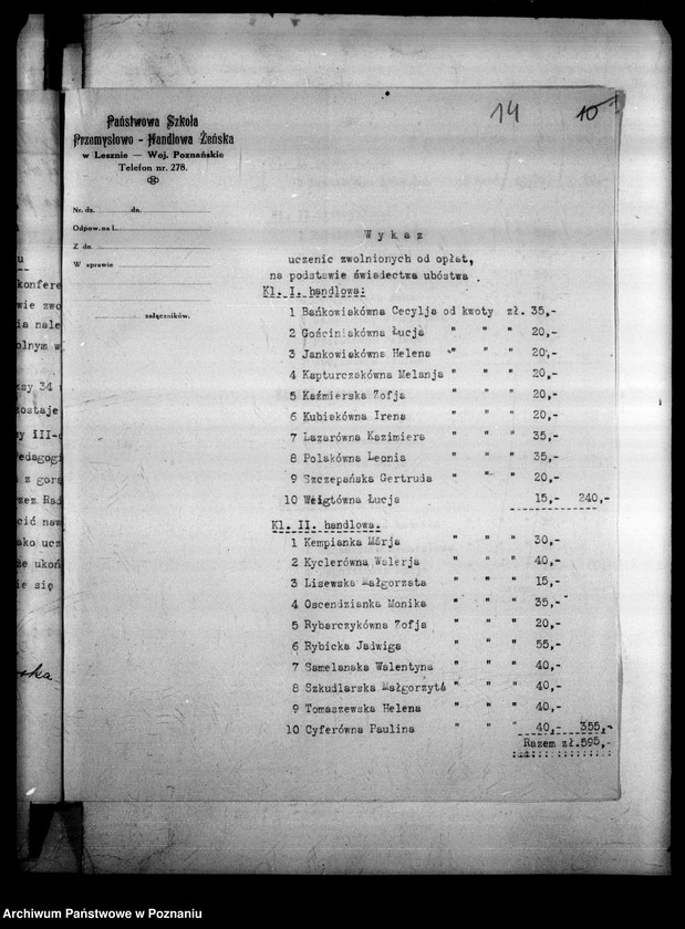 Obraz 17 z jednostki "Państwowa Szkoła Przemysłowo Handlowa Żeńska- Leszno [wykaz abiturientek]"