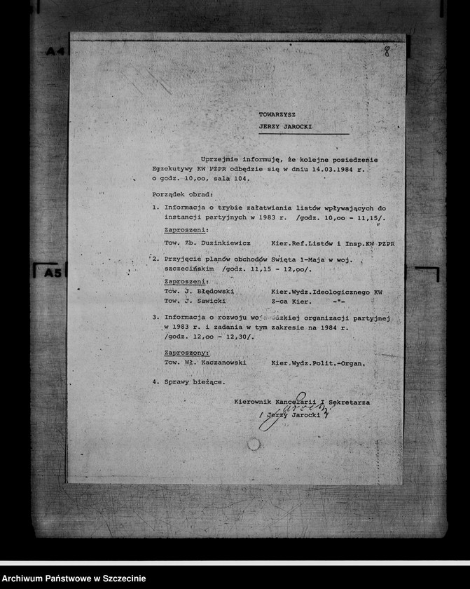 image.from.unit.number "Protokoły posiedzeń Egzekutywy Komitetu Wojewódzkiego Polskiej Zjednoczonej Partii Robotniczej: 14, 22 marca; 5, 12, 18 kwietnia 1984 r."