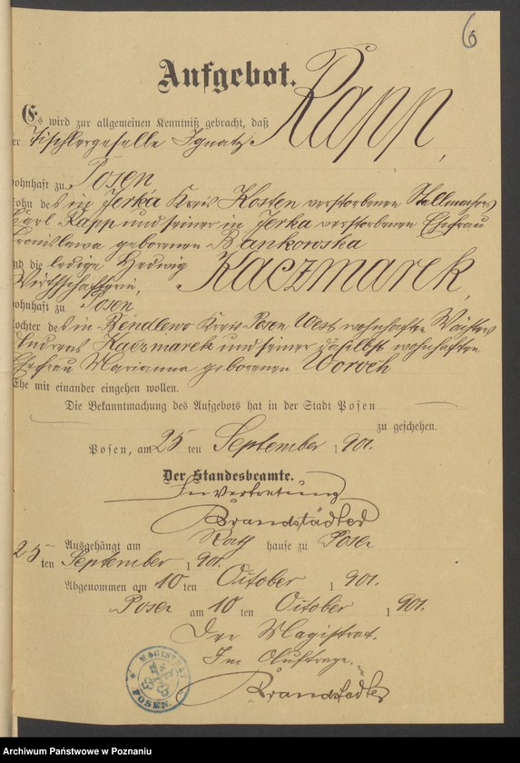 Obraz 8 z jednostki "Die von den Verlobten beigebrachten Urkunden zur Eheschliessung pro 1901. Vol XV"