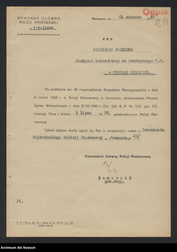image.from.unit.number "Przydziały nowomianowanych posterunkowych Policji Państwowej w województwie poznańskim. Dekrety mianowania, wykaz, korespondencja."