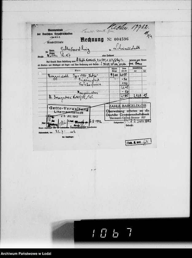 Obraz 18 z jednostki "Landwirtschaft-Zentralgenossenschaft.G.m.b.H.Rechnungen. [za dostawy towarów dla Getta]"