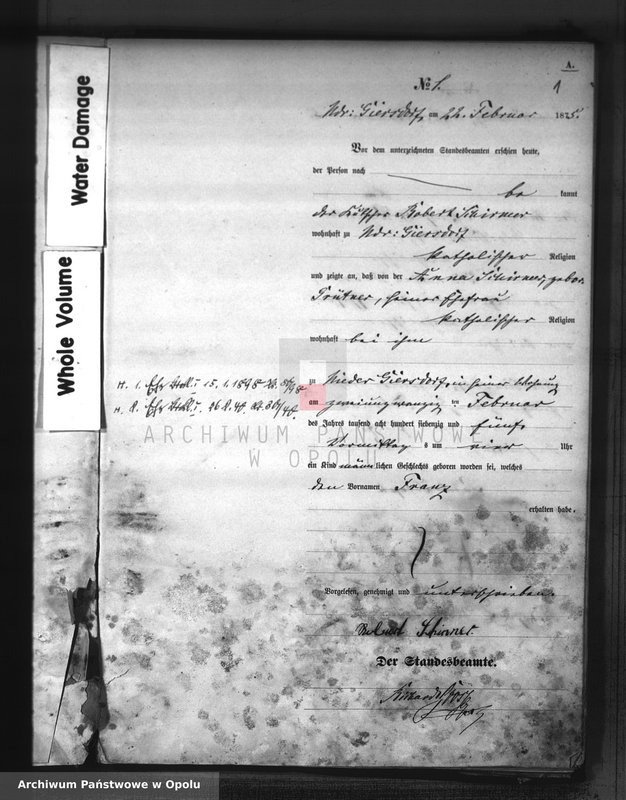 Obraz z jednostki "Geburts-Haupt-Register Standesamts Hohen-Giersdorf pro 1875"