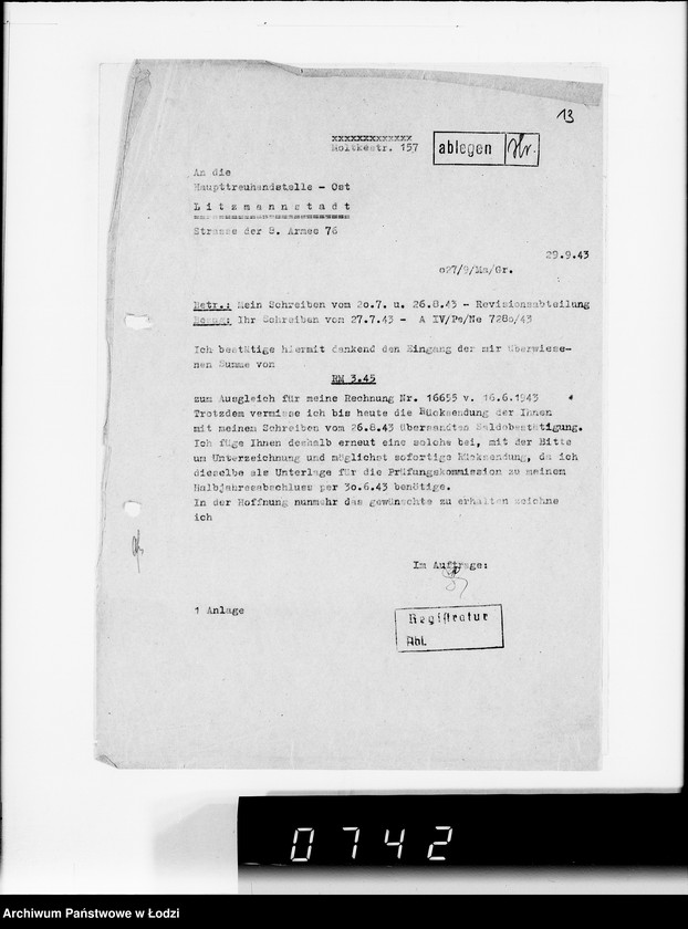 Obraz 18 z jednostki "Hauptreühandstelle Ost.[Korespondencja w sprawach majątkowych, podatkowych i należności finansowch]"