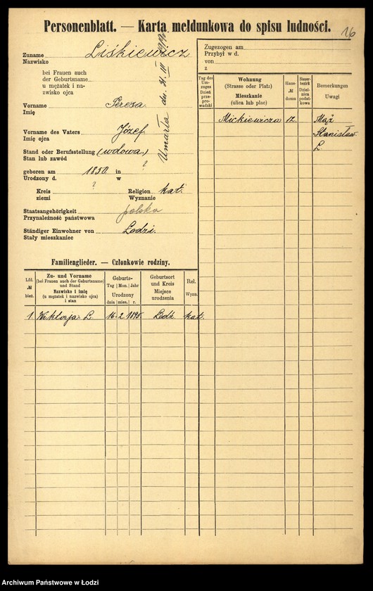 Obraz 18 z jednostki "[Spis ludności Łodzi] Liszkiewicz - Litke"