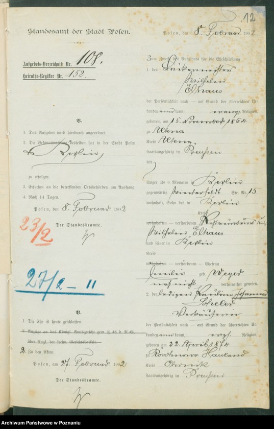 Obraz 14 z jednostki "[Dokumenty dostarczone przez narzeczonych do zawarcia związku małżeńskiego za 1902 rok. Tom IV]"