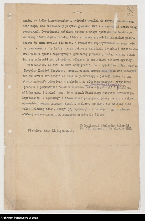 Obraz 5 z jednostki "[Okólnik Centralnego Komitetu Narodowego w sprawie Departamentu Wojskowego przy Naczelnym Komitecie Narodowym]"