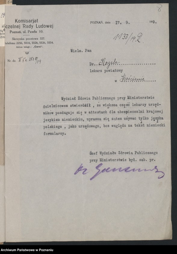 Obraz 10 z jednostki "Akta tyczące korespondencyi w sprawach zdrowia z Komisariatem Naczelnej Rady Ludowej"