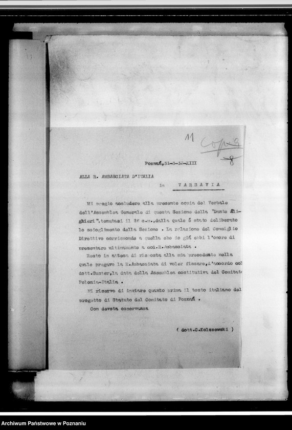 Obraz 15 z jednostki "Stowarzyszenie "Polonia- Italia" w Poznaniu: a/ dokumenty dotyczące założenia Towarzystwa /statut i inne/, b/ sprawozdania roczne z działalności i protokoły zebrań, c/ korespondencja różna, d/ listy członków, e/ druki, afisze"