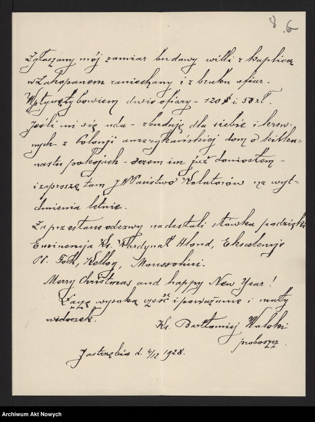 Obraz 10 z jednostki "Wolski Bartłomiej (ksiądz); Załączniki: a) "Memory for the generous nation of America..."; b) "Pamiątka dla ofiarnej Polonii Amerykańskiej..."; c) prospekt (3 egz.); L.13; brak s.29,36-37"