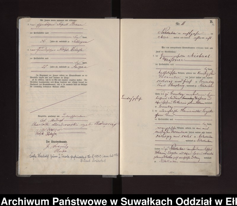 Obraz 15 z jednostki "Heiraths-Haupt-Register des Königlichen Preussischen Standes-Amtes /Stadt/ Nikolaiken Kreis Sensburg für das Jahr 1887 Nikolaiken Kreis Sensburg für das Jahr 1888"