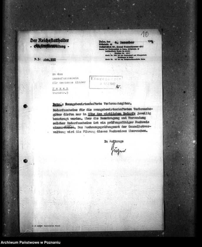 Obraz 14 z jednostki "Schriftwechsel mit der Gauselbsverwaltung [Korespondencja dotycząca spraw gospodarczych, dane o dzieciach, listy personelu niemieckiego]."