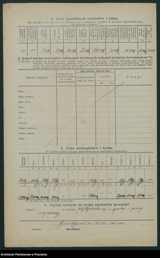 Obraz 12 z jednostki "[Wykazy cen rynkowych artykułów spożywczych w poszczególnych miastach Województwa Poznańskiego za miesiąc październik 1921 roku]"
