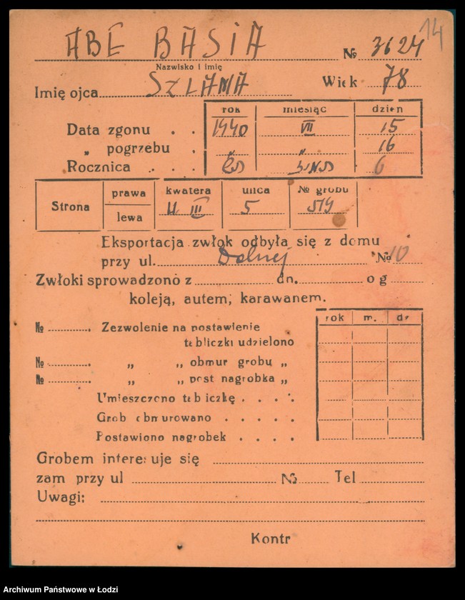 Obraz 15 z jednostki "Kartoteka osób pochowanych na cmentarzu żydowskim przy ulicy Brackiej w latach 1892-1959. Nazwiska na literę A"