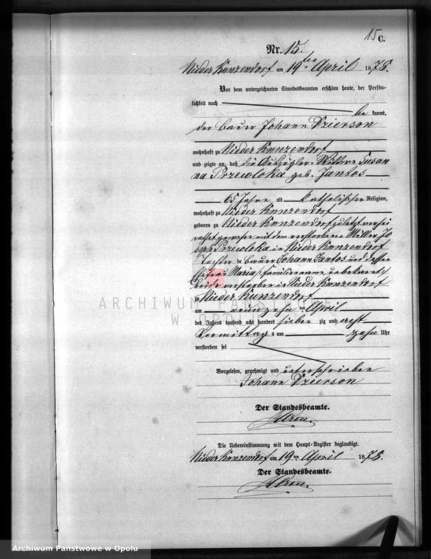 Obraz 19 z jednostki "Sterbe-Neben-Register Standesamts Kunzendorf pro 1878"