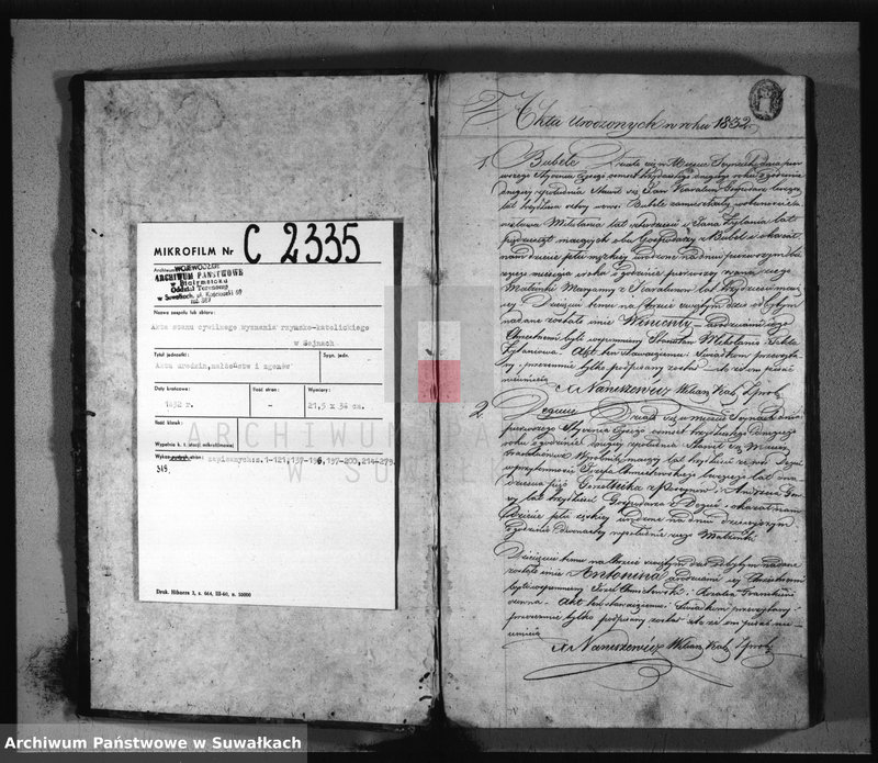 image.from.unit.number "Duplikat zawierający akta urodzonych, zaślubionych i umarłych parafii seyneńskiey z 1832 roku"