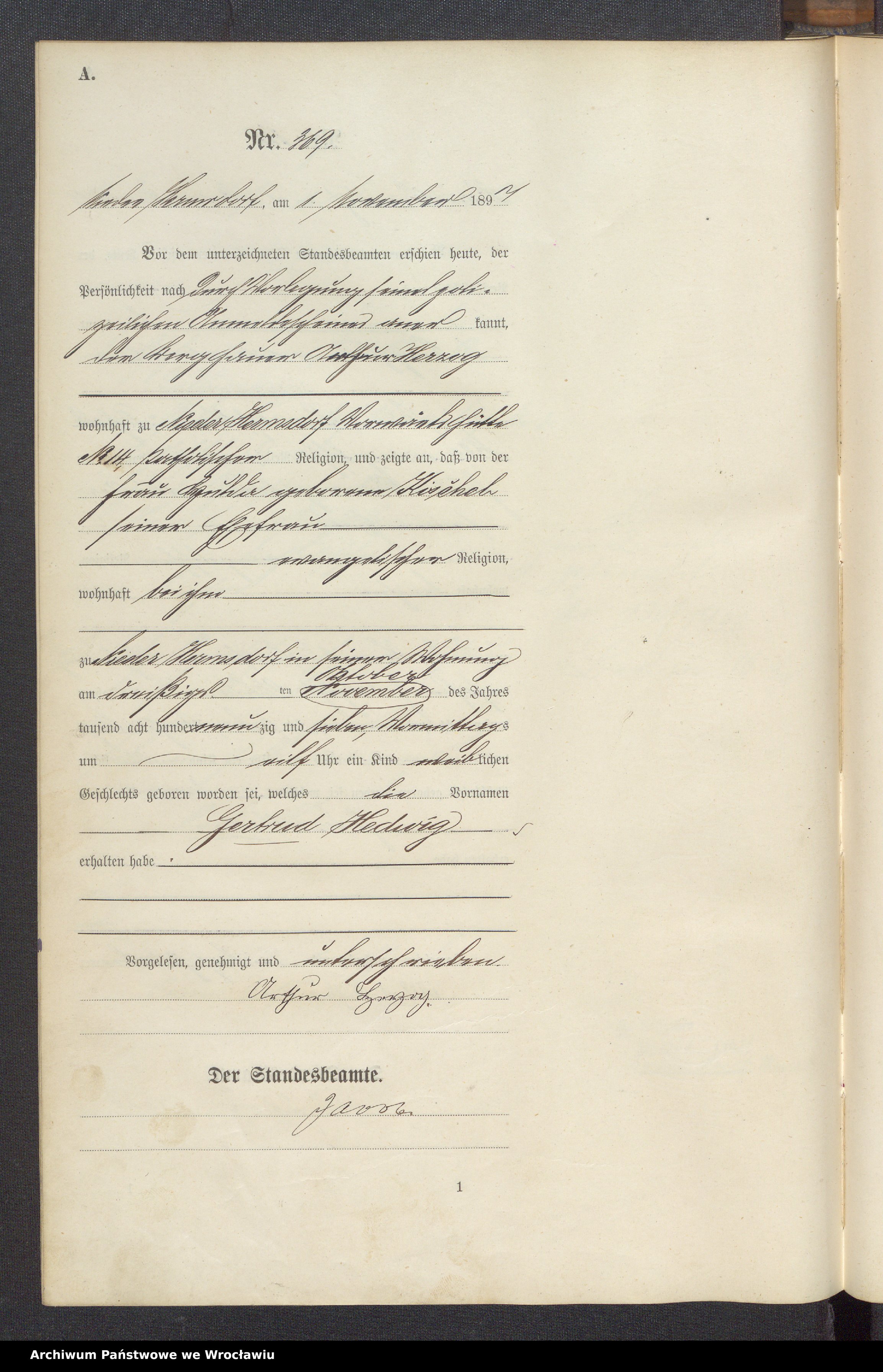 Skan z jednostki: Księga urodzeń USC w Sobięcinie (Nieder Hermsdorf) 1897