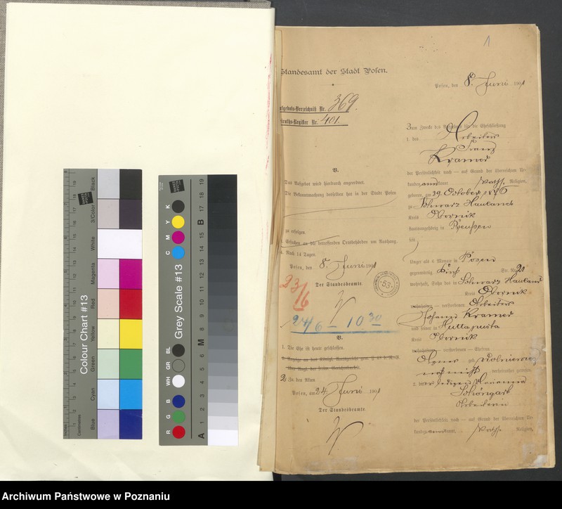 Obraz 3 z jednostki "Die von den Verlobten beigebrachten Urkunden zur Eheschliessung pro 1901. Vol IX"