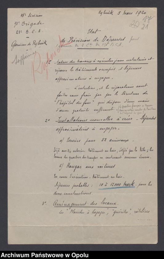 Obraz 20 z jednostki "Tabelau Recapitula et Etats de Previsions de Depenses Casernement  /Zestawienie wydatków na zakwaterowanie wojsk, remonty, sprzęt kwaterunkowy/ III. 1920"