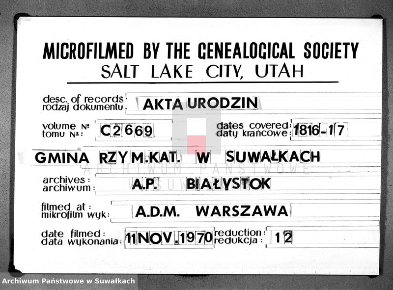 image.from.unit.number "Księga aktu urodzenia gminy suwalskiey, powiatu dąbrowskiego w departamencie łomżyńskim od dnia 1 maja 1816 do maja 1817 roku"