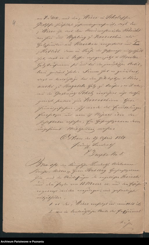 Obraz 7 z jednostki "Acta betreffend den in Orzeszkowo Kreis Schroda /Środa/ am 23.April 1864 verhafteten, angeblichen Holzkaufmann Josef Redlich aus Raszkowo, Kreis Adelnau /Odolanów/."