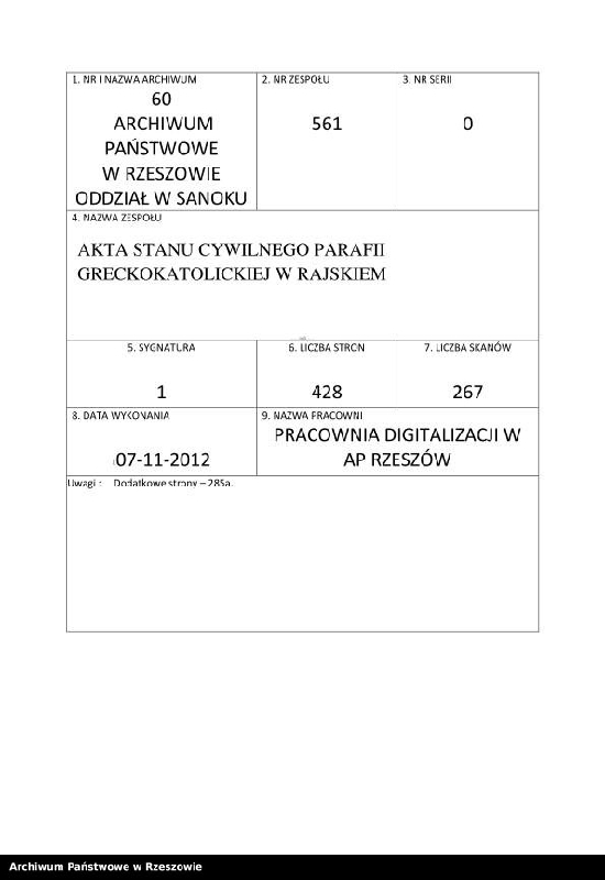 image.from.unit.number "Księga urodzeń, małżeństw i zgonów dla miejscowości Rajskie, Sakowczyk, Studenne, Horodek"