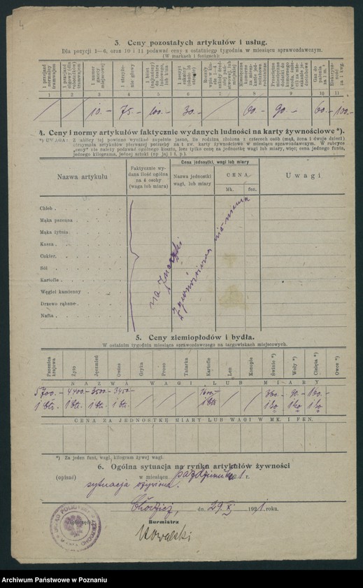 Obraz 5 z jednostki "[Wykazy cen rynkowych artykułów spożywczych w poszczególnych miastach Województwa Poznańskiego za miesiąc październik 1921 roku]"
