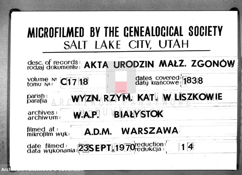 image.from.unit.number "Duplikat Urodzonych Umarłych i Zaślubionych Parafii Liszkowskiey za Rok 1838"