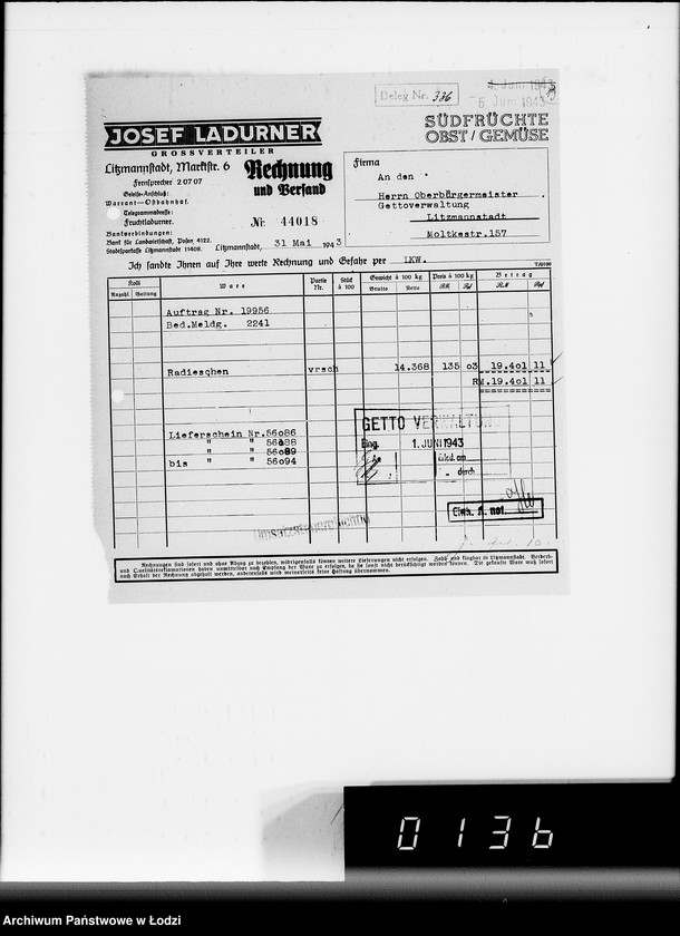Obraz 18 z jednostki "Lebensmitteleinkauf. Aufträge, [Lieferscheinen und Rechnungen] 19941-19960 [Dostawa artykułów pierwszej potrzeby do Getta]"