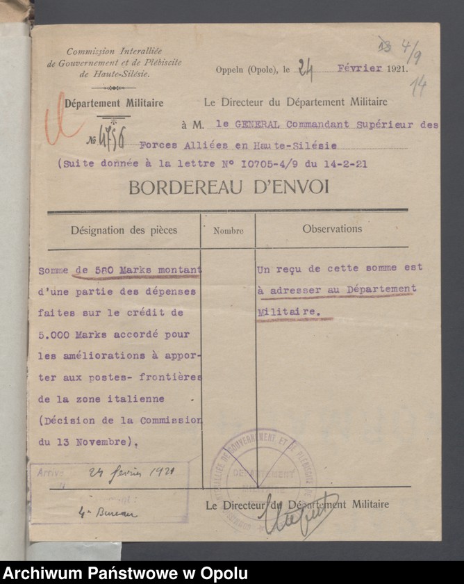 Obraz 16 z jednostki "Service du Genie-Casenement-Cantonnement  /Korespondencja i zarządzenia z zakresu rozlokowania wojska, przydziały koszar/ 4.02.- 10.09.1921"