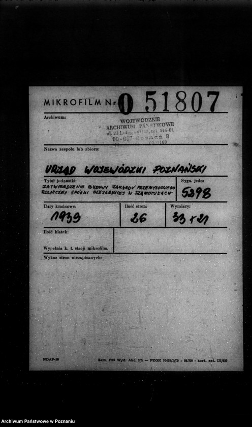 Obraz 2 z jednostki "/Zatwierdzenie budowy zakładu przemysłowego Rolniczej Spółki Olejarskiej Spółka z o. o. w Szamotułach/"