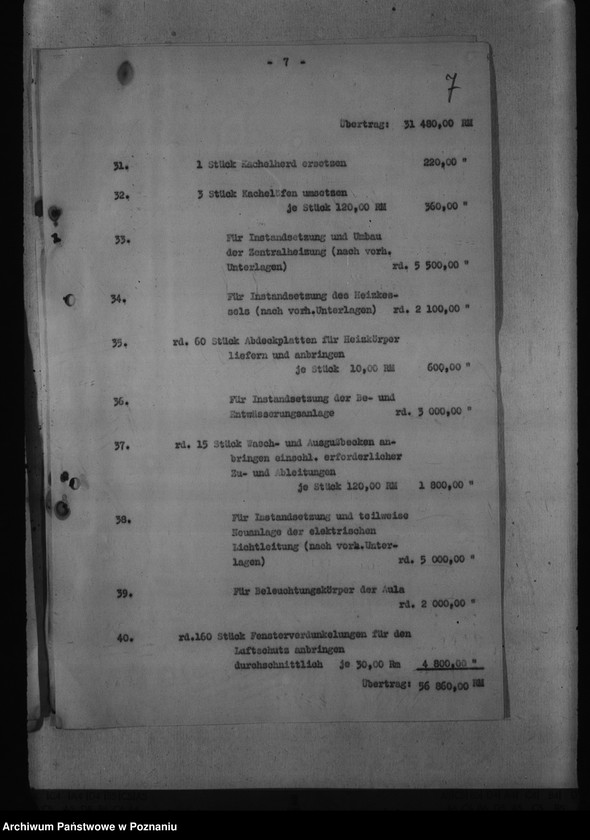 Obraz 11 z jednostki "Kostenüberschlag für Instandsetzungsarbeiten im Gebäude der Staatlichen Ingenieurschule, Posen, Bergerstr. 5."