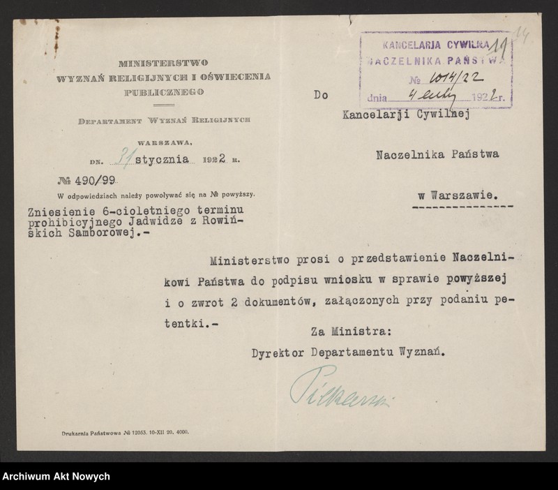 image.from.unit.number "Zniesienie wyroków Ewangelickich Sądów Konsystorskich: Augsburskiego i Reformowanego, o sześcioletnim terminie zakazu wstąpienia w ponowne związki małżeńskie oraz zakazu 10 miesięcznego.Reskrypty Naczelnika Państwa, wnioski, korespondencja z Min. Wyznań Religijnych i Oświecenia Publicznego"