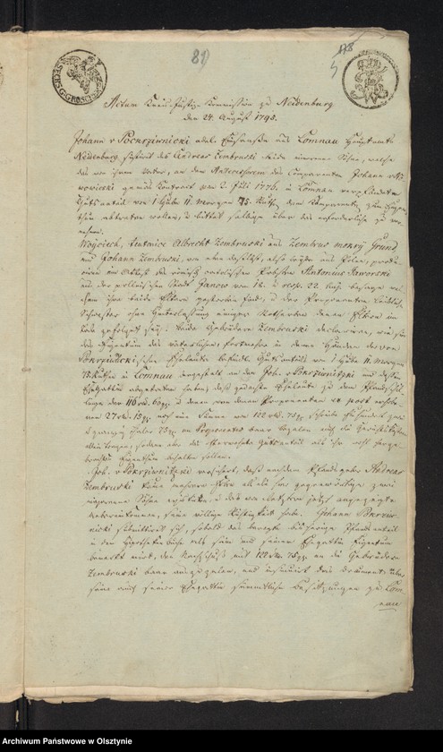 image.from.unit.number "In S. [Sache] der Pfandsbesitzern Johann v. [von] Pokrzywnicki und deßen Ehegathin Caroline Eleonore geboren von Zabienski wegen des zum alleinigen Eigenthum an sie abgetretenen Antheils F im adl. [adeliche] Allodial Gut Lomnau [Łomno] Haupt Amts Neidenburg [Nidzica] bestehend aus 1 Hube 11 Morgen 15 R. [Rute]"