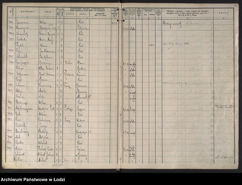 Obraz 20 z jednostki "Księga kontroli ruchu ludności (rejestr osób przybywających do gminy) Łódź, komisariat XI, ks. III, nr 7148-9187"