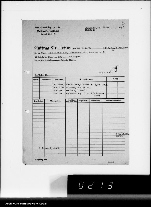 Obraz 6 z jednostki "Aufträge 7611-12089 und Rechnungen Firma Silvars G.m.b.H.Litzmannstadt auf Holzmaterial"