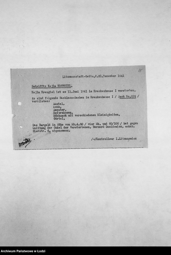 Obraz 18 z jednostki "[Korespondencja PSŻ z GV, z instytucjami i firmami niemieckimi w sprawie informacji o mieszkańcach getta: ich adresach, majątku, narodowości itp. – w związku z rentami i wierzytelnościami]"