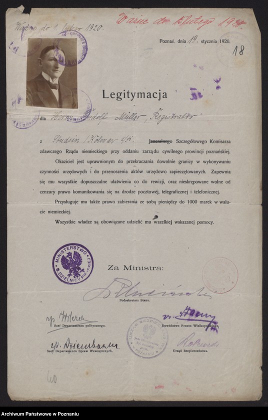 Obraz 20 z jednostki "[Egzemplarz legitymacji wydanych przez polskie władze komisarzom niemieckim dla oddania zarządu cywilnego prowincji poznańskiej]"