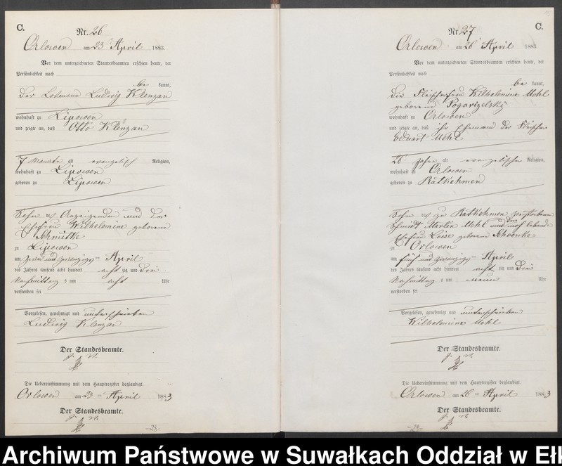 image.from.unit.number "Sterbe-Neben-Register des Preussischen Standes-Amtes Orlowen Kreis Loetzen für das Jahr 1883"