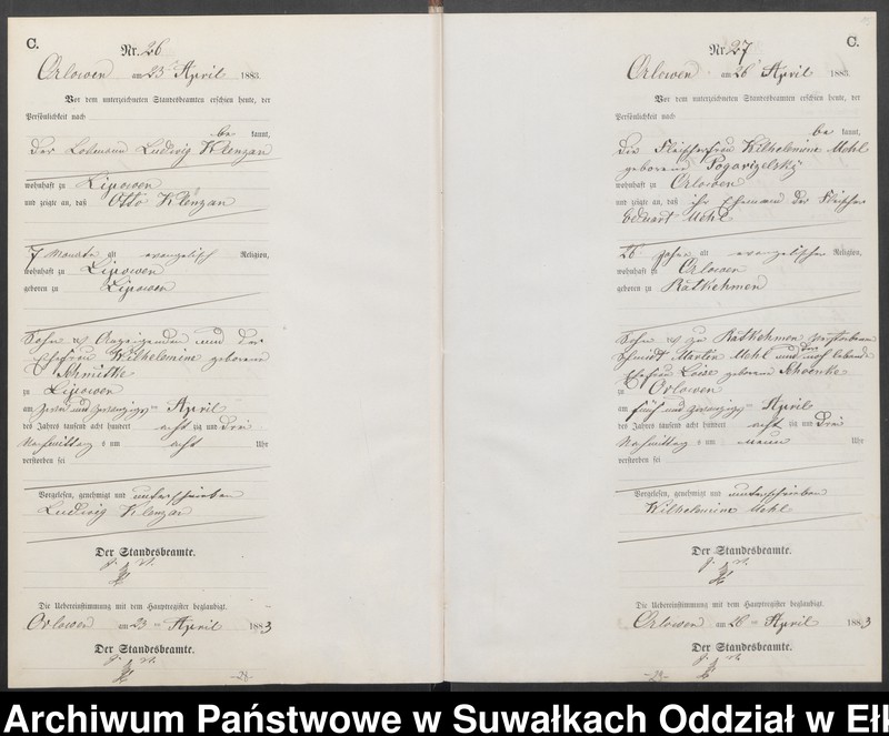 Obraz 18 z jednostki "Sterbe-Neben-Register des Preussischen Standes-Amtes Orlowen Kreis Loetzen für das Jahr 1883"