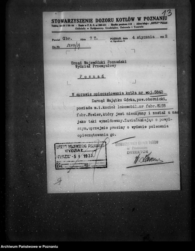 Obraz 17 z jednostki "Fabryka maszyn własność Centrali pługów parowych Poznań nr woj. kotła 5843"