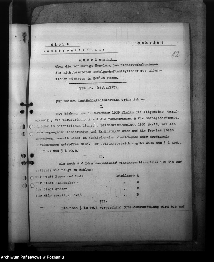 Obraz 16 z jednostki "Regelung des Dienstverhältnisses der Gefolgschaftsmitglieder im Gebiet Posen. Alters- und Hinterbliebenenversorgung. Entfernung der Polen ausdem öffentlichen Dienst"