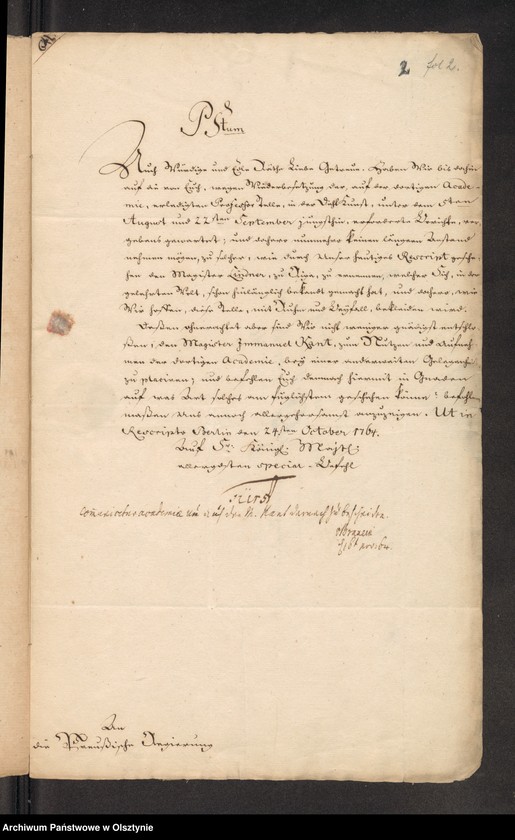 image.from.unit.number "In S. [Sachen] des Magistri Immanuel Kant wegen dessen Vorschlagung zu einer sich eröfnenden Professor=Stelle alhier"