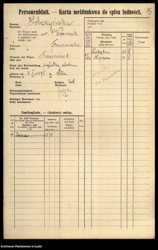 Obraz 17 z jednostki "[Spis ludności Łodzi] Sobczewska-Sobkowski"